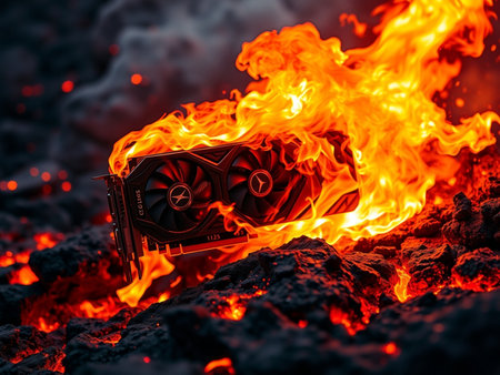 Close-up of a computer video card on the background of a burning fireの素材
