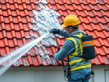 Worker spraying water on the roof of the house with a hoseの素材