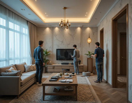 Luxury living room with two men looking at the TV.の素材