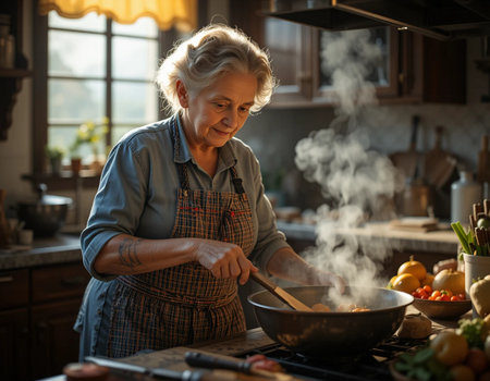 Elderly woman cooking in the kitchen. Portrait of a senior woman cooking at home.の素材