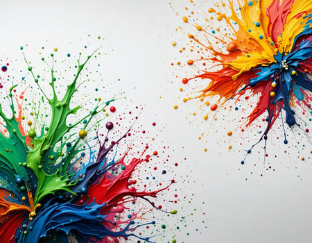 Colorful paint splashes isolated on white background with copy space.の素材