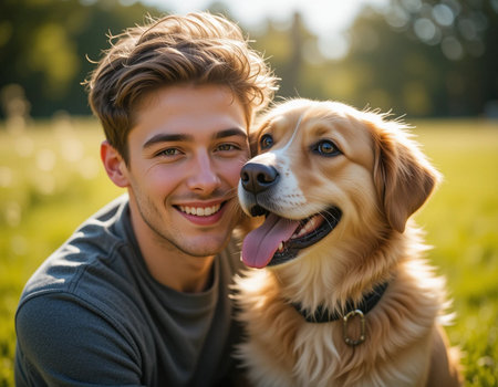 Portrait of a handsome young man with his dog in the parkの素材