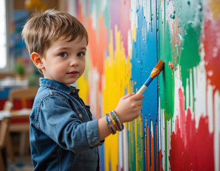 Cute little boy painting with paintbrush on colorful wall at schoolの素材