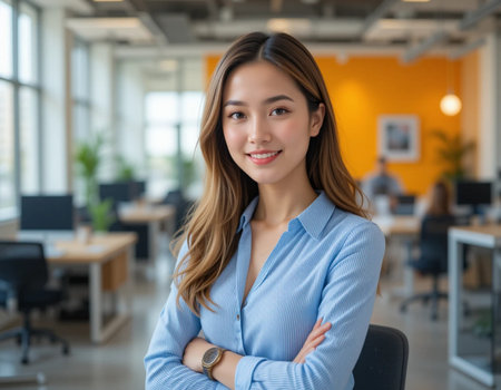 Portrait of young Asian businesswoman standing in modern office.の素材