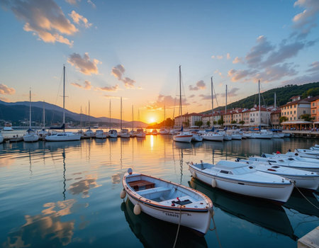 Boats in the bay of Kotor at sunset, Montenegroの素材
