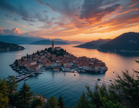 Sunset over the old town of Perast, Montenegro.の素材