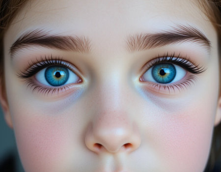 Close-up portrait of a beautiful young girl with blue eyes.の素材
