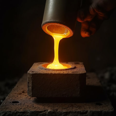 Close-up of a blacksmith working with molten metal in a forgeの素材