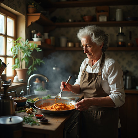 Elderly woman cooking pasta at home in the kitchen. Selective focus.の素材