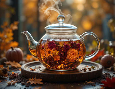 Tea in a glass teapot on the background of autumn leavesの素材