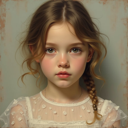 Portrait of a little girl with braids in a pink dressの素材