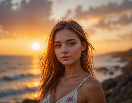 Portrait of a beautiful girl on the seashore at sunsetの素材