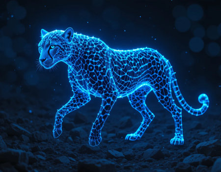 3d rendering of a polygonal leopard on a dark backgroundの素材