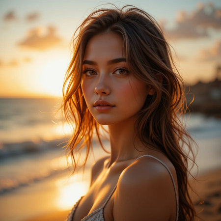 Portrait of a beautiful young woman on the beach at sunset.の素材
