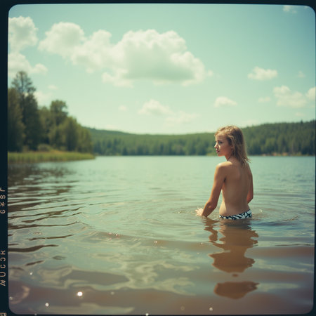 Young girl in the water. Photo in old color image style.の素材