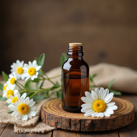 Chamomile essential oil in a small bottle. Selective focus.の素材