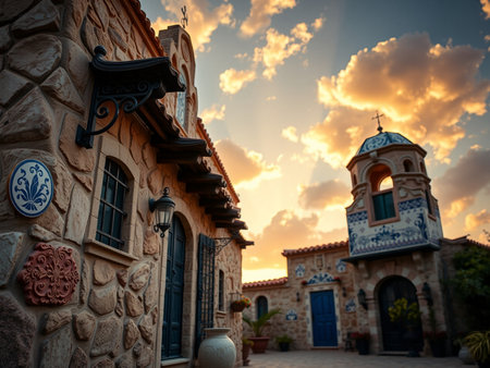 View of the church of St. Francis of Assisi at sunset, located in the city of Limassol, Cyprus.の素材
