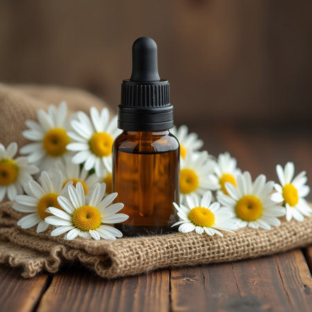 Essential oil with chamomile flowers on a wooden backgroundの素材