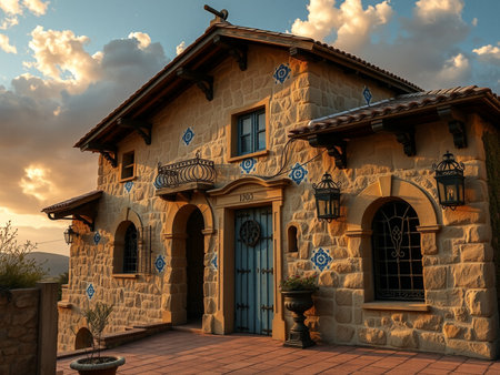 Beautiful old house in the mountains at sunset. Crimea, Ukraineの素材