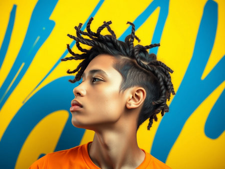 Beautiful young woman with dreadlocks hairstyle on yellow background.の素材