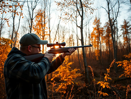 Hunter with a gun in the autumn forest. Hunting season. Selective focus.の素材