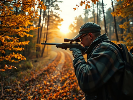 Man with a rifle in the autumn forest. Selective focus.の素材