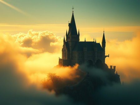 Castle on the top of a hill in the fog at sunriseの素材