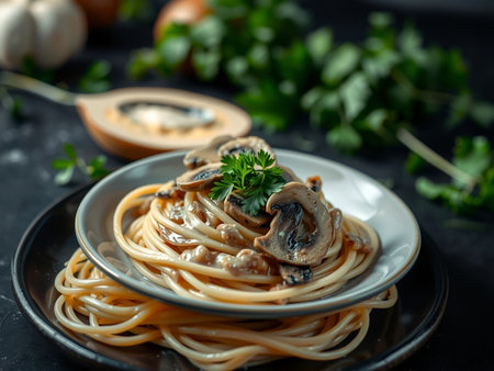 Spaghetti with mushrooms and cream sauce in a plate on a dark backgroundの素材