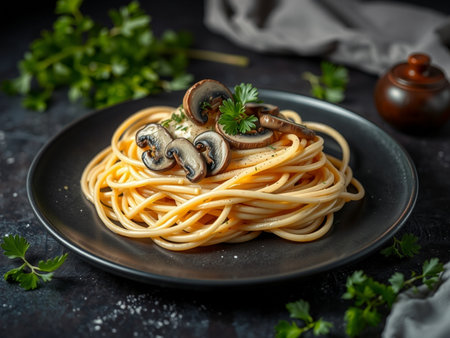 Spaghetti with champignons and parsley on a black plateの素材