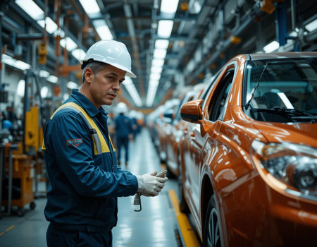 Worker in the factory checking the quality of the car body.の素材