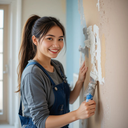 Beautiful young Asian woman is painting wall in new house.の素材