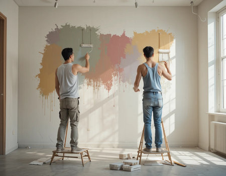 Young couple painting interior wall of new house. Renovation concept.の素材