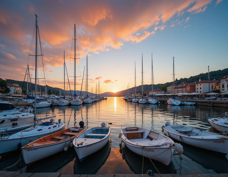 Boats and yachts moored in the harbor at sunset. Montenegroの素材