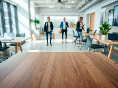Wooden table top with blurred background of business people in the officeの素材