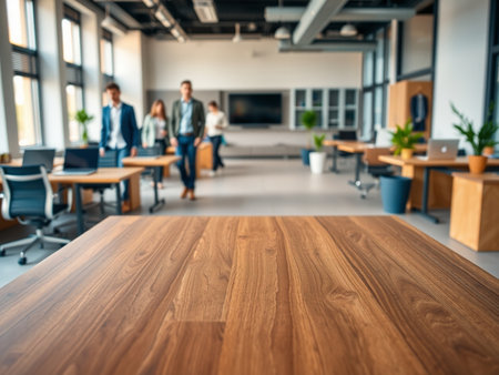 Empty wooden table and blurred background of business people in the office.の素材