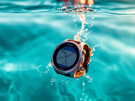Swimming sport smart watch with map on the water surface. 3D renderingの素材