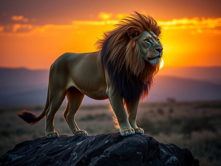 Lion standing on a rock at sunset in Serengeti National Park, Tanzaniaの素材