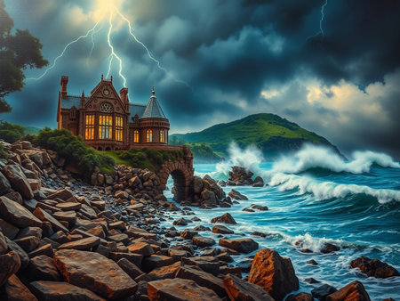 Beautiful seascape with stormy sky and sea. 3d renderingの素材