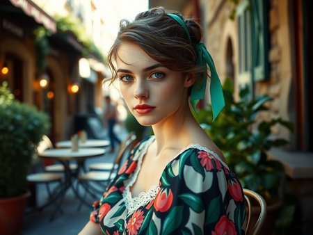 Portrait of beautiful young woman with makeup in fashion dress sitting in cafeの素材