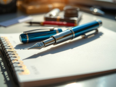 Pen and notebook on the desk with sunlight background, business concept.の素材