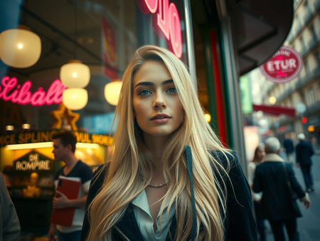 Street fashion portrait of young beautiful blonde woman in Paris, France.の素材