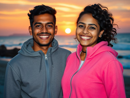 Portrait of a happy young couple smiling at camera on the beach at sunsetの素材