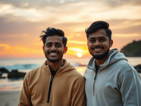 Portrait of two young Indian friends standing on the beach at sunsetの素材