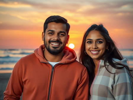 Portrait of a happy Indian couple looking at camera while standing on the beach at sunsetの素材