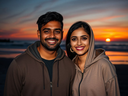 Portrait of a happy Indian couple standing on the beach at sunsetの素材