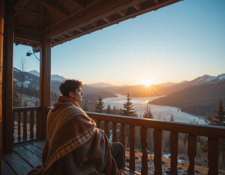 Young man with a plaid sitting on a terrace in the mountains at sunsetの素材