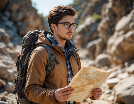 handsome young man with backpack and map in hands looking at mountainsの素材