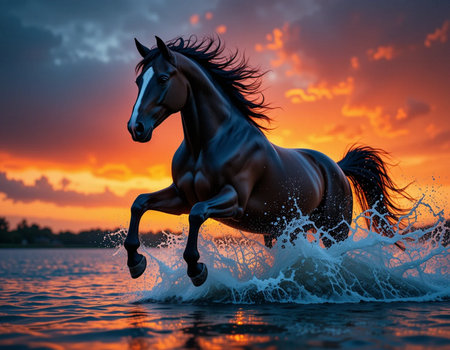 Horse running on the water at sunset. 3D illustration.の素材