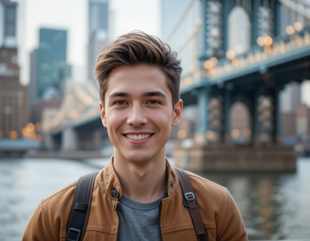 Portrait of handsome young man smiling in New York City, USAの素材