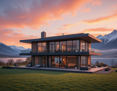 3d rendering of modern cozy house with pool and parking for sale or rent with beautiful mountains on background. Clear sunny day with blue sky.の素材